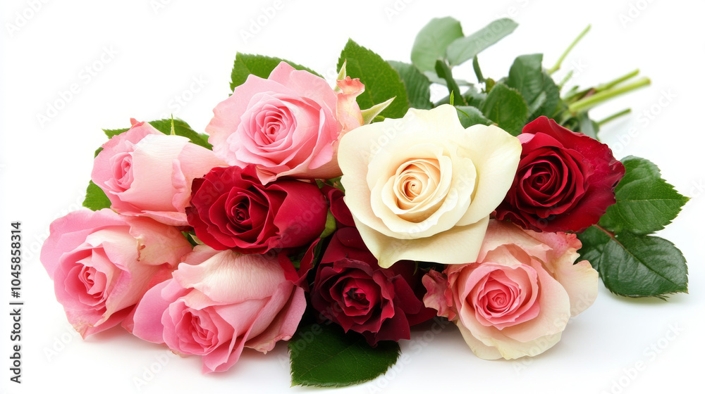 A beautiful bouquet of pink, red, and cream roses with leaves, arranged on a white background. This image is perfect for creating designs, invitations, or other graphic projects. A beautiful bouquet of pink, red, and cream roses with leaves, arranged on a white background. This image is perfect for creating designs, invitations, or other graphic projects.
