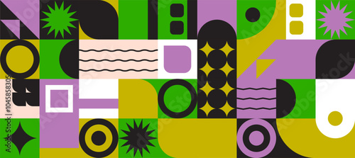 Pattern made of geometrical elements (circle, square, star, haif circle and other) and few colors (black, white, purple, ochre, pink). Abstraction. Abstract. Art. Vector illustration.