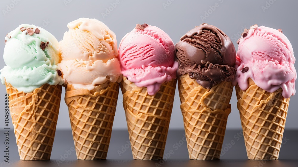 Five ice cream cones in different flavors - mint, vanilla, strawberry, chocolate, and bubblegum - arranged in a row on a grey background. Five ice cream cones in different flavors - mint, vanilla, strawberry, chocolate, and bubblegum - arranged in a row on a grey background.