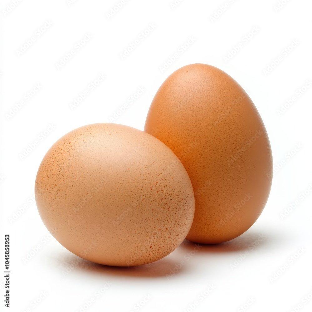 Two brown eggs, one larger than the other, are positioned side by side on a white background. Two brown eggs, one larger than the other, are positioned side by side on a white background.