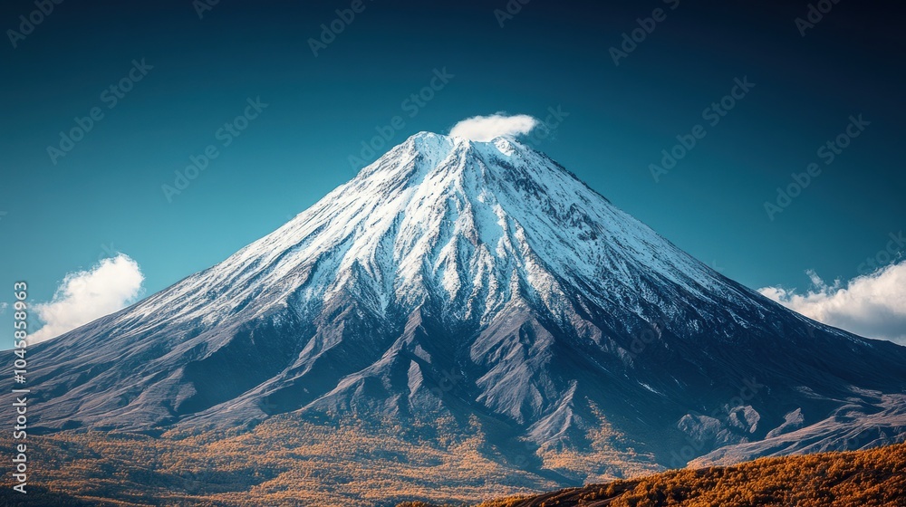 Majestic Mount Fuji with snow-capped peak and autumn foliage at the base, against a clear blue sky. Majestic Mount Fuji with snow-capped peak and autumn foliage at the base, against a clear blue sky.
