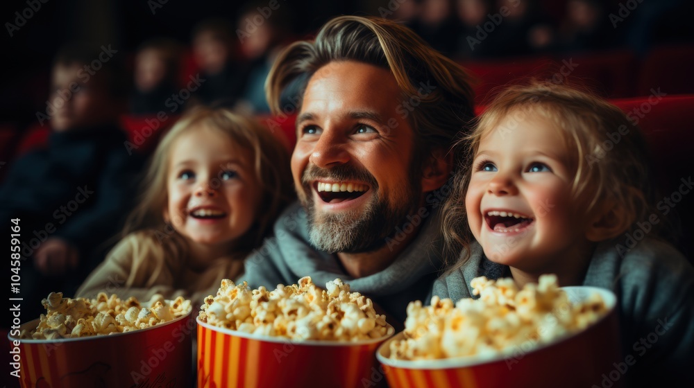 father with two children watching a movie in the cinema and eating popcorn, enjoying the film together are laughing as they watch a comedy film father with two children watching a movie in the cinema and eating popcorn, enjoying the film together are laughing as they watch a comedy film