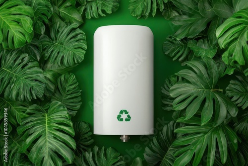 Energy-efficient water heater with eco-friendly label, surrounded by lush green plants to signify sustainability, Eco label water heater, Green technology photo