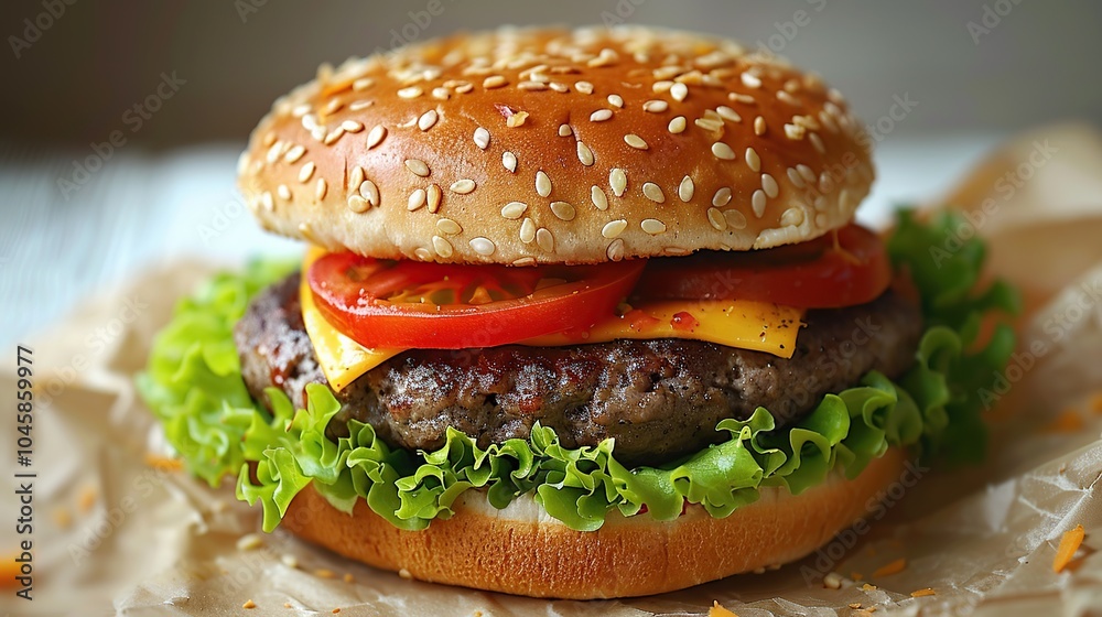 Closeup of a delicious cheeseburger with lettuce, tomato, and cheese on a sesame seed bun. Closeup of a delicious cheeseburger with lettuce, tomato, and cheese on a sesame seed bun.