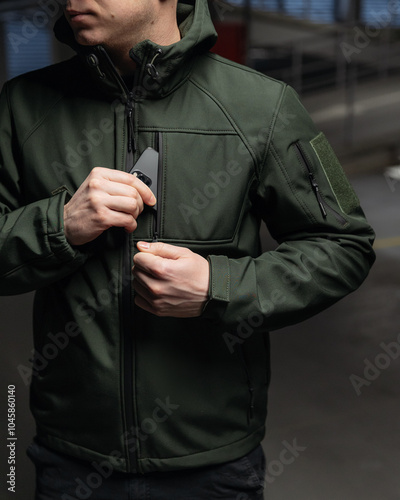 close-up photo of a man taking out a phone from his jacket pocket on a dark background under a lantern