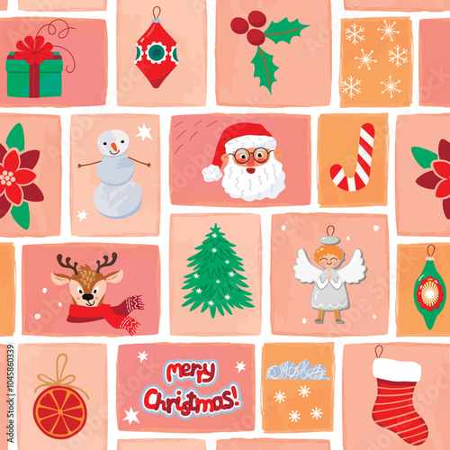 Mosaic seamless pattern with Christmas symbols.Festive cartoon background with Santa, deer, decorations,fir tree, gift, stick, snowflakes, holly, angel,sock,snowman.Vector flat color designs set. 