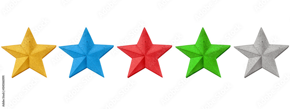 Obraz premium Five colorful Christmas star ornaments in blue, gold, green, silver, and red, isolated on white with clipping path.