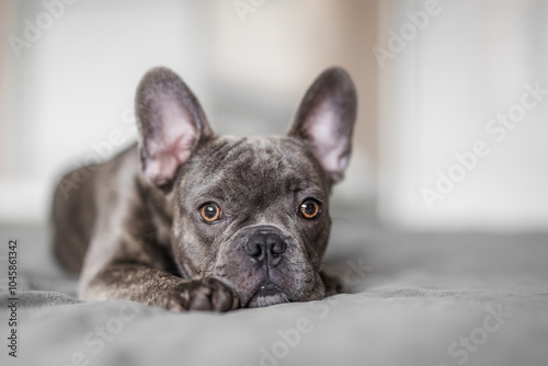 Obraz na płótnie A grey French Bulldog resting peacefully on a bed, capturing a cozy and calm moment. w salonie