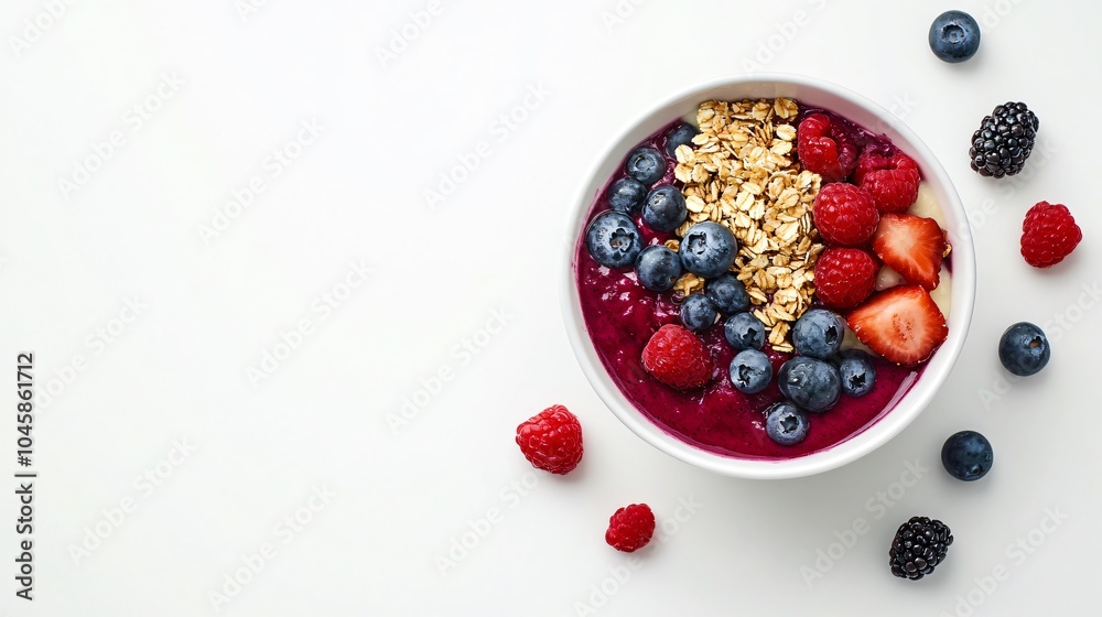Acai Bowl with Berries and Granola on White Background