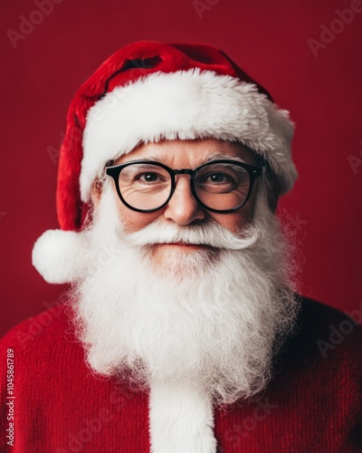 A cheerful Santa Claus with glasses and a fluffy beard against a red background.