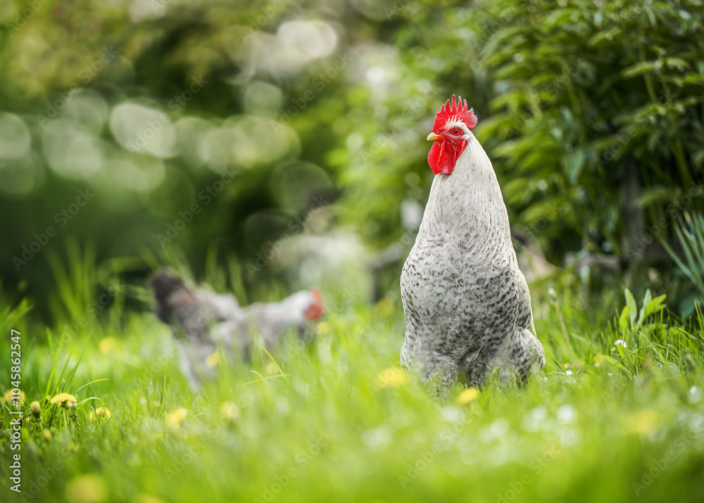 chicken standing on lush green grass, embodying the tranquility of rural life.