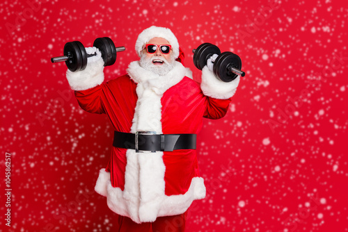 Portrait of his he cheerful cheery confident funky fat overweight plump gray-haired bearded man lifting weight making exercise aerobics isolated over bright vivid shine red background