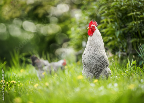 Obraz na płótnie chicken standing on lush green grass, embodying the tranquility of rural life. w salonie