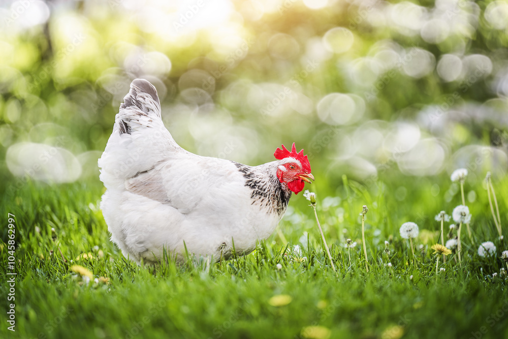 chicken standing on lush green grass, embodying the tranquility of rural life.