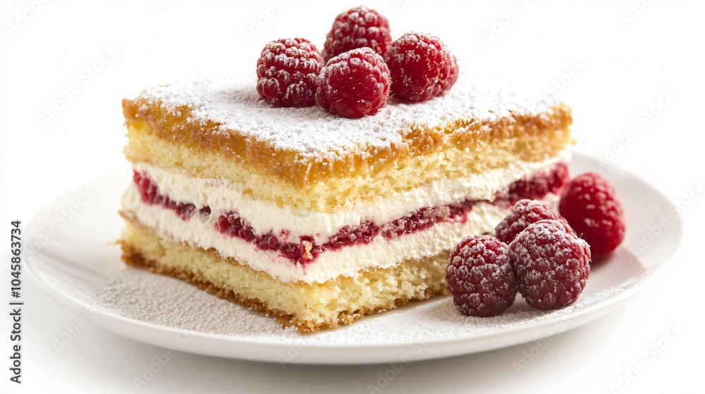 Classic Napoleon cake with crisp layers, vanilla cream filling, isolated on a white porcelain plate, garnished with powdered sugar and fresh raspberries Classic Napoleon cake with crisp layers, vanilla cream filling, isolated on a white porcelain plate, garnished with powdered sugar and fresh raspberries