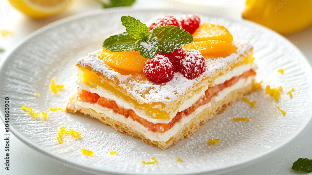 Mille-Feuille topped with fresh fruit slices, isolated on a white porcelain dish, with lemon zest and mint sprigs Mille-Feuille topped with fresh fruit slices, isolated on a white porcelain dish, with lemon zest and mint sprigs