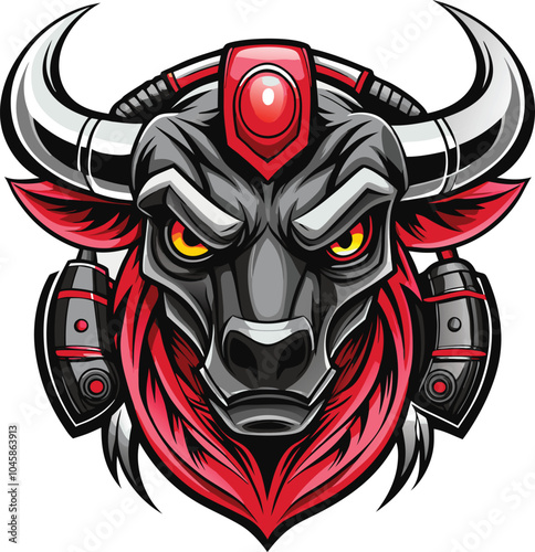 Angry Bull Head with Red Bandana and Headphones