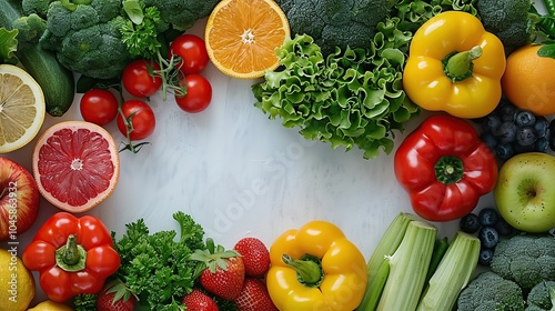 A variety of fresh fruits and vegetables arranged in a circle on a white background, leaving space in the center for text or a logo.