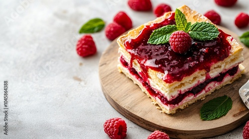 Mille-Feuille with a drizzle of raspberry coulis, isolated on a light wooden board, surrounded by fresh raspberries and mint sprigs photo