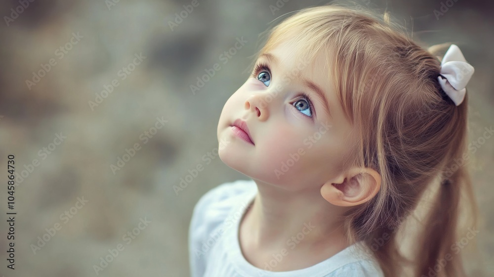 Young child gazing upwards with curiosity in a serene outdoor setting Young child gazing upwards with curiosity in a serene outdoor setting