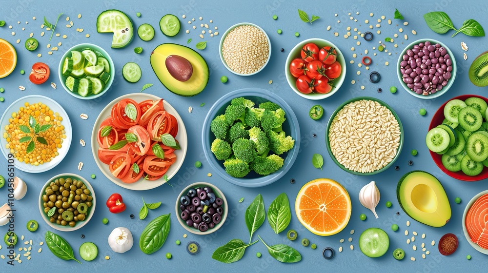 A flat lay of fresh, healthy ingredients arranged on a blue background. A flat lay of fresh, healthy ingredients arranged on a blue background.