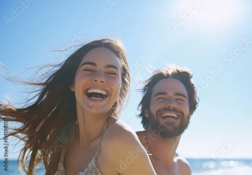 Happy couple enjoying a sunny beach day together by the ocean