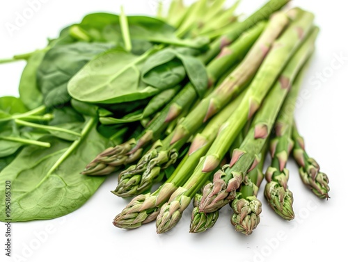 Asparagus Stalks and Spinach Leaves on White Background, Fresh Young Garden Asparagus