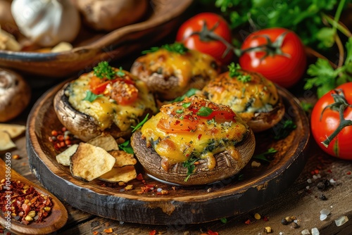 Baked Champignons, Stuffed Mushrooms Caps with Cheese, Garlic and Herbs, Baked Champignons