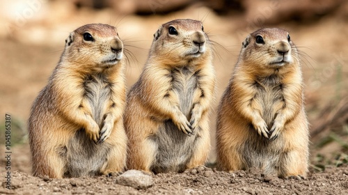 Three prairie dogs standing upright in natural habitat during daylight