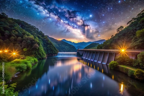 Stunning Night Photography of Ratchaprapha Dam with Starry Sky and Reflections on Water