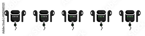 Wireless headphones icon set. Black Headphones with storage case. Headphone charger collection. Bluetooth earphones. Headset icon. Phone device.