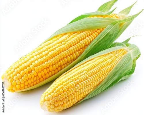 Two ears of fresh yellow corn with husks on a white background.