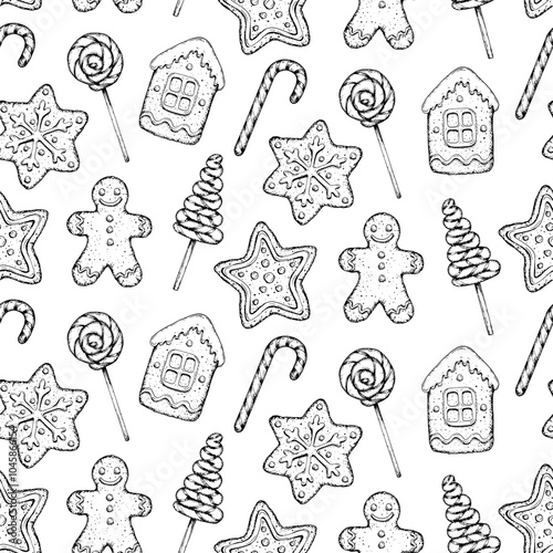 Seamless vector pattern of hand drawn Christmas cookies, lollipops, candy canes. Gingerbread man, stars, holiday house, snowflakes for confectionery packaging, festive designs, wrapping paper, textile