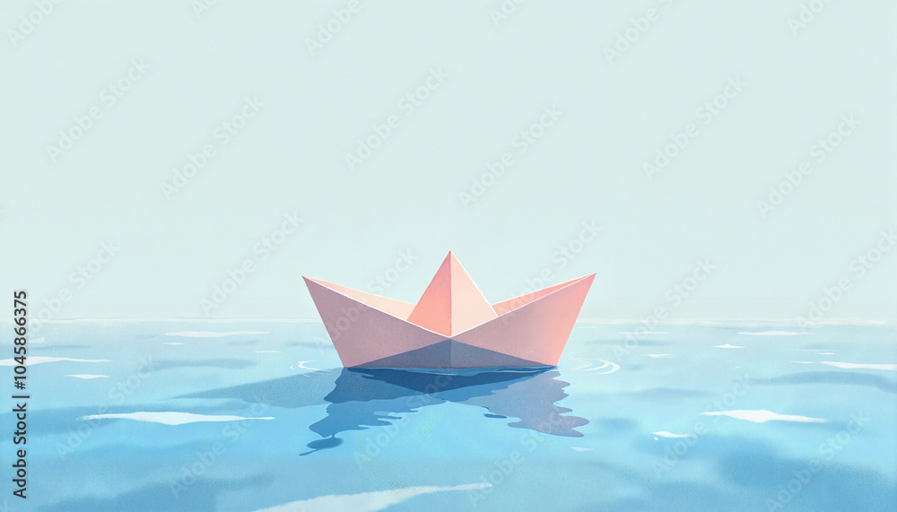 Minimalistic paper boat floating on calm water under a soft pastel sky Minimalistic paper boat floating on calm water under a soft pastel sky