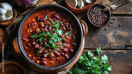 Georgian Lobio, Cooked Beans, Red Beans with Meat and Spices, Lobio in Ceramic Pot on Rustic Background