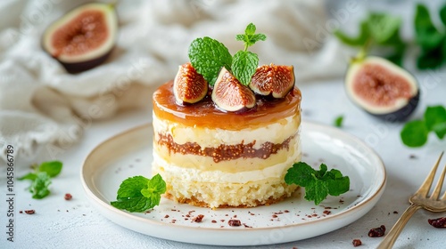 Napoleon with caramel layers, placed on a white porcelain plate, decorated with fresh figs and mint sprigs