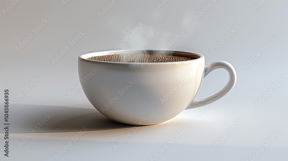 A white ceramic mug with a steaming cup of coffee on a white background. A white ceramic mug with a steaming cup of coffee on a white background.