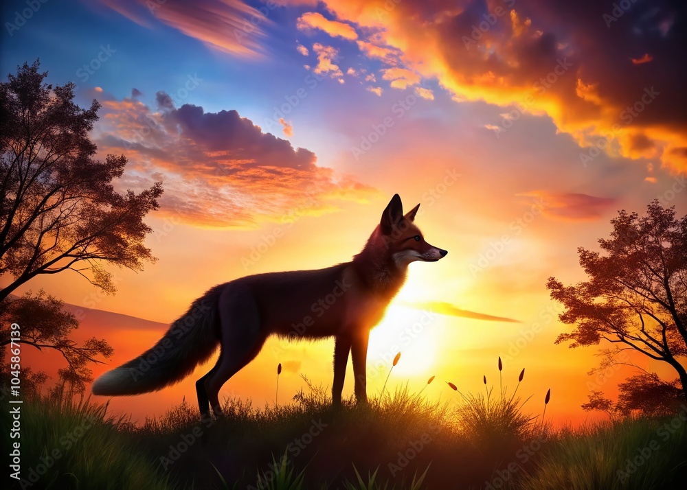 Stunning Silhouette of a Fuchs Against a Vibrant Sunset Sky for Nature Lovers and Wildlife Enthusiasts Stunning Silhouette of a Fuchs Against a Vibrant Sunset Sky for Nature Lovers and Wildlife Enthusiasts