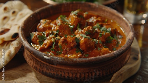 A clay bowl filled with chicken tikka masala, a popular Indian dish, garnished with cilantro, and served with a piece of naan bread.