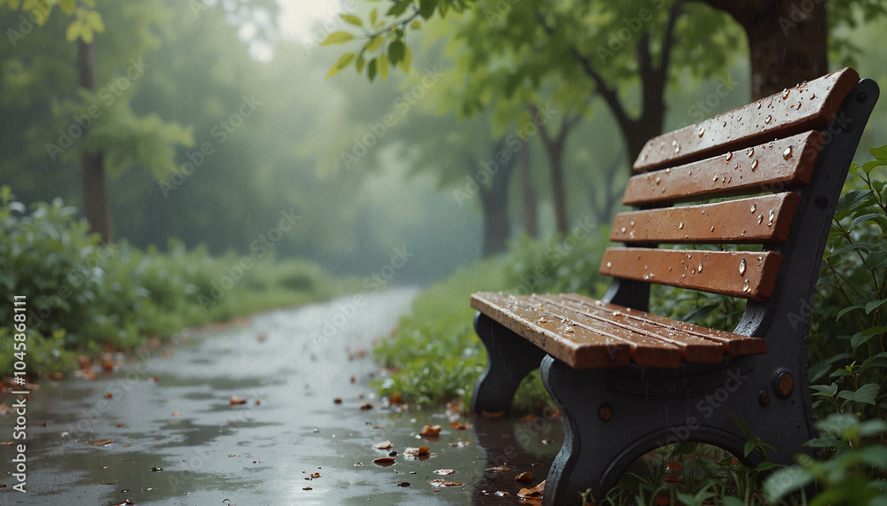 Naklejka premium Rainy park bench with water droplets, serene mood, picturesque pathway, lush greenery background