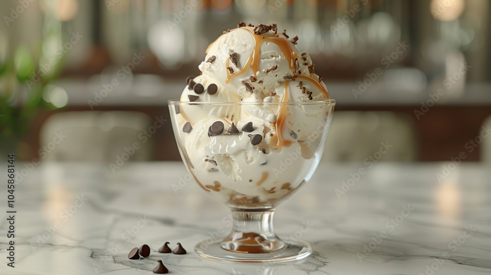 A close-up shot of a clear glass bowl filled with vanilla ice cream, chocolate chips, and caramel sauce on a marble table in a restaurant setting.
