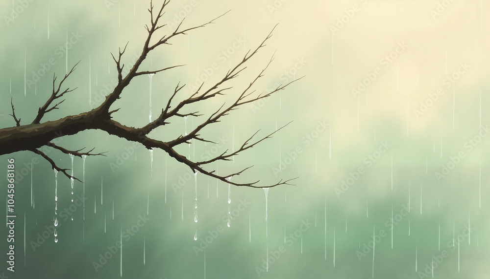 Fototapeta premium Bare tree branch with raindrops, moody atmosphere, artistic minimalist style, soft colors