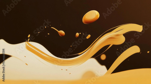 This image presents an abstract composition of golden floating elements, symbolizing fluidity and creativity, perfect for modern and vibrant designs.