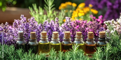 Bottles of essential oils arranged in a row amidst vibrant lavender and other botanical flowers in a tranquil outdoor garden during daylight hours