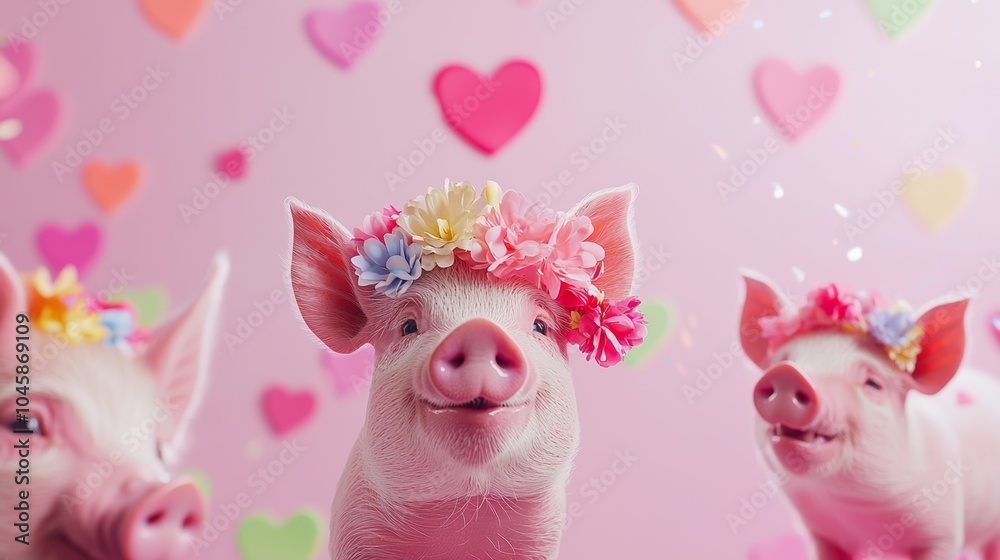 Mini pigs playing with flower crowns, set against a pastel-toned studio background featuring abstract hearts and playful patterns. Mini pigs playing with flower crowns, set against a pastel-toned studio background featuring abstract hearts and playful patterns.
