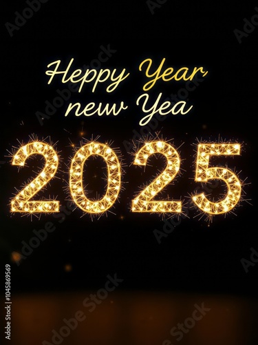 New Year 2025 celebration, golden glowing numbers, sparkling light bulbs, festive typography, dark background, reflective surface, holiday greeting, illuminated text, glamorous party atmosphere, shimm photo