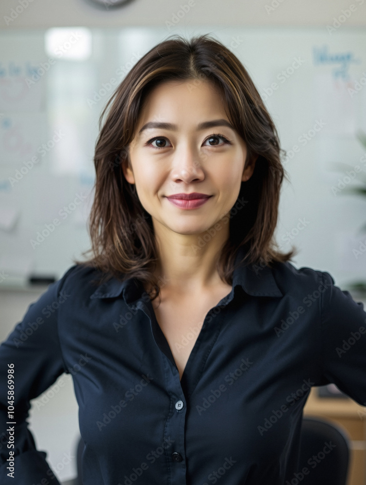 smiling asian woman in her 40s, data entry clerk, understated v-neck shirt, whiteboard, blurry background smiling asian woman in her 40s, data entry clerk, understated v-neck shirt, whiteboard, blurry background