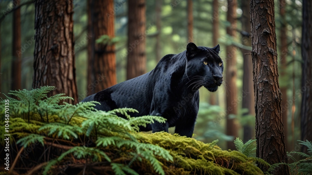 Obraz premium A majestic black panther with piercing yellow eyes stands in a dense forest, its sleek black fur blending seamlessly with the shadows. The panther is perched on a mossy rock, 