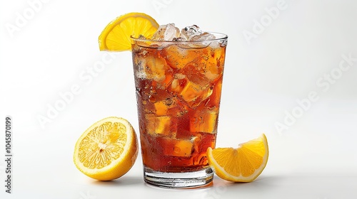 A tall glass of iced tea with lemon wedges and ice cubes on a white background.