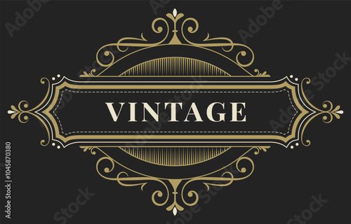 Ornate vintage frame with decorative curls. Gold stamping effect on dark background.Used for wedding invitations, certificates, labels, greeting cards, menus, brochures and flyers.Vector illustration.